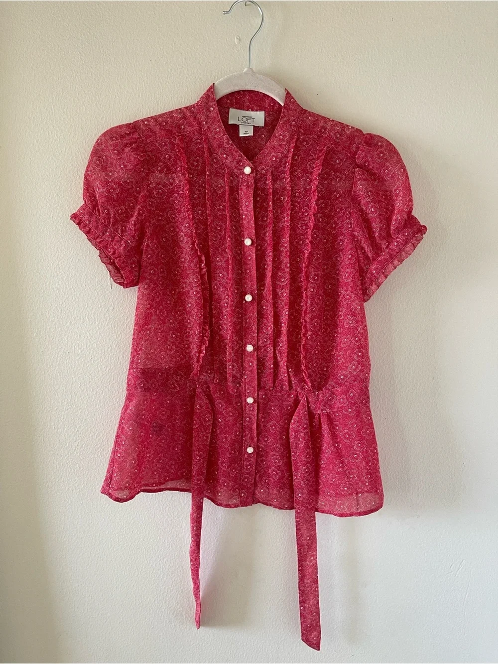 LOFT Fuchsia Floral Sheer Tie-Waist Button Blouse
